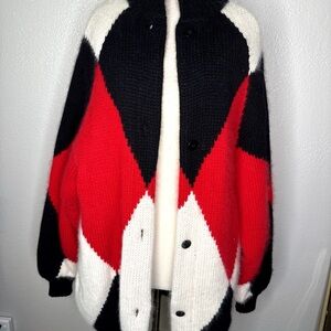 Vintage Umberto Ginocchietti Italy Large Mohair Wool Argyle Cardigan Red Black